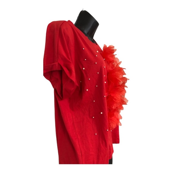 Red pearl adorned 3d floral embellished short sleeve shirt top  size XL new - Picture 9 of 12